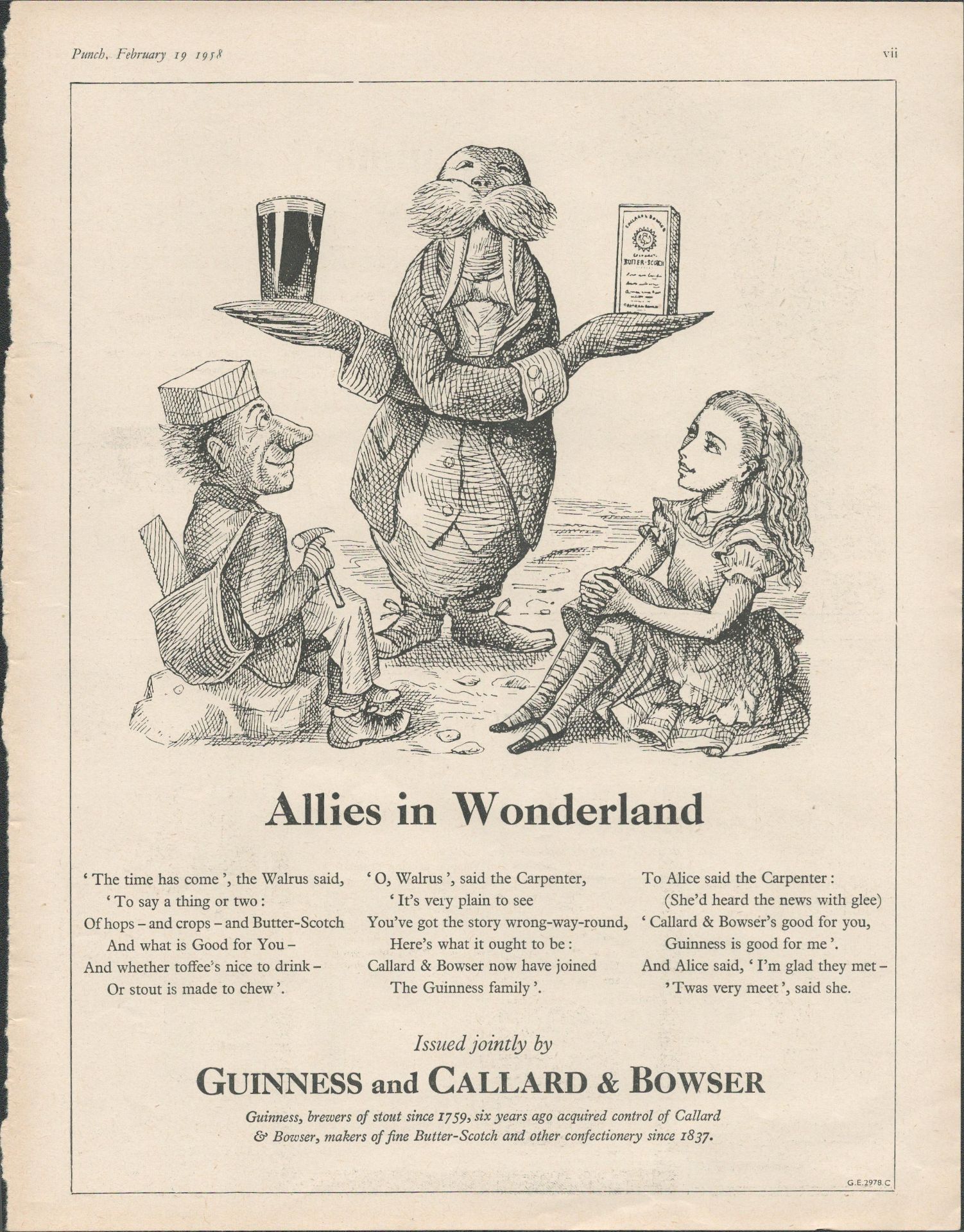 1958 Guinness Advertisement Print Alice in Wonderland G.E.2978.C