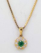 9ct (375) Yellow Gold Emerald and Diamond Flower Cluster Pendant on Venetian Chain - 20"