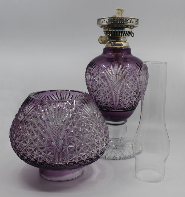 Very Fine English Cut Glass Amethyst Overlay Crystal Oil Lamp - Image 11 of 13