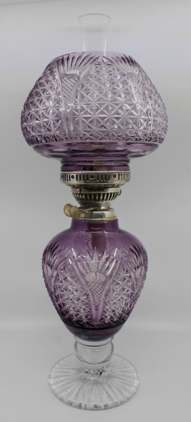 Very Fine English Cut Glass Amethyst Overlay Crystal Oil Lamp - Image 2 of 13