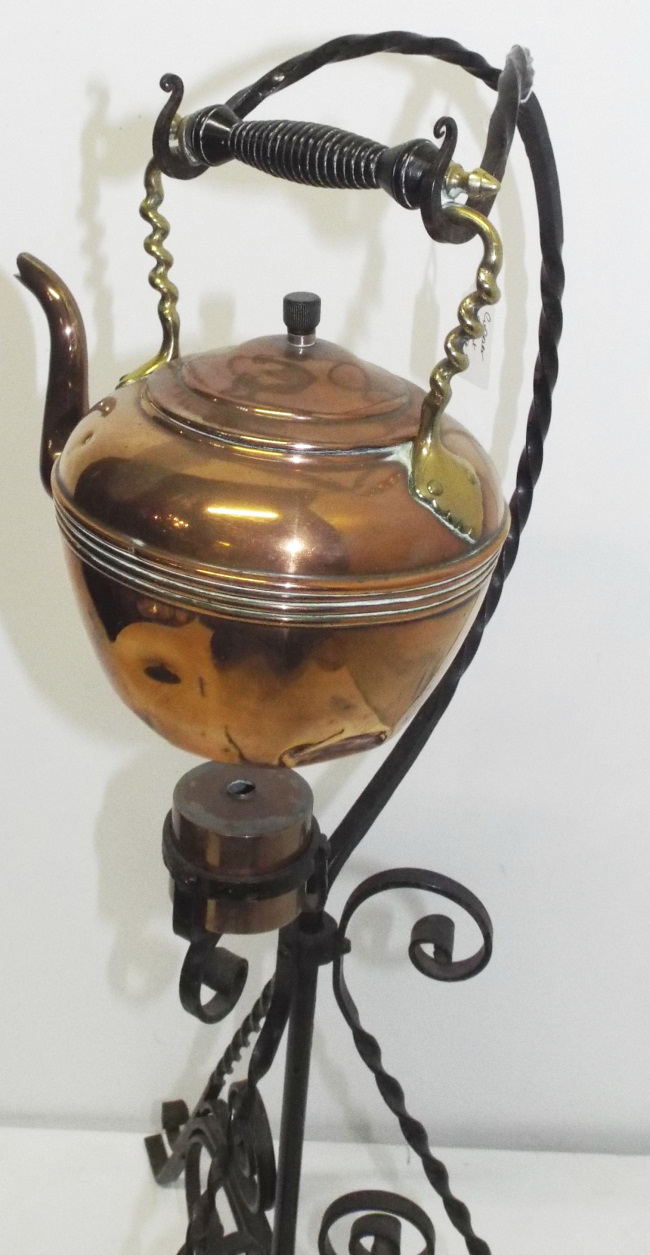 Antique Copper Spirit Kettle on Wrought Iron Stand - Image 2 of 5