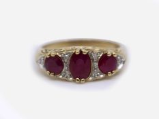 Three Stone Ruby & Diamond 9ct Gold Ring