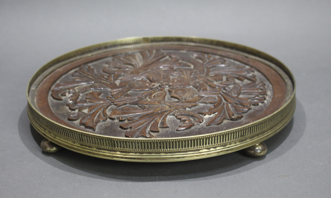 Vintage Circular Carved Wooden Silver Plated Tray