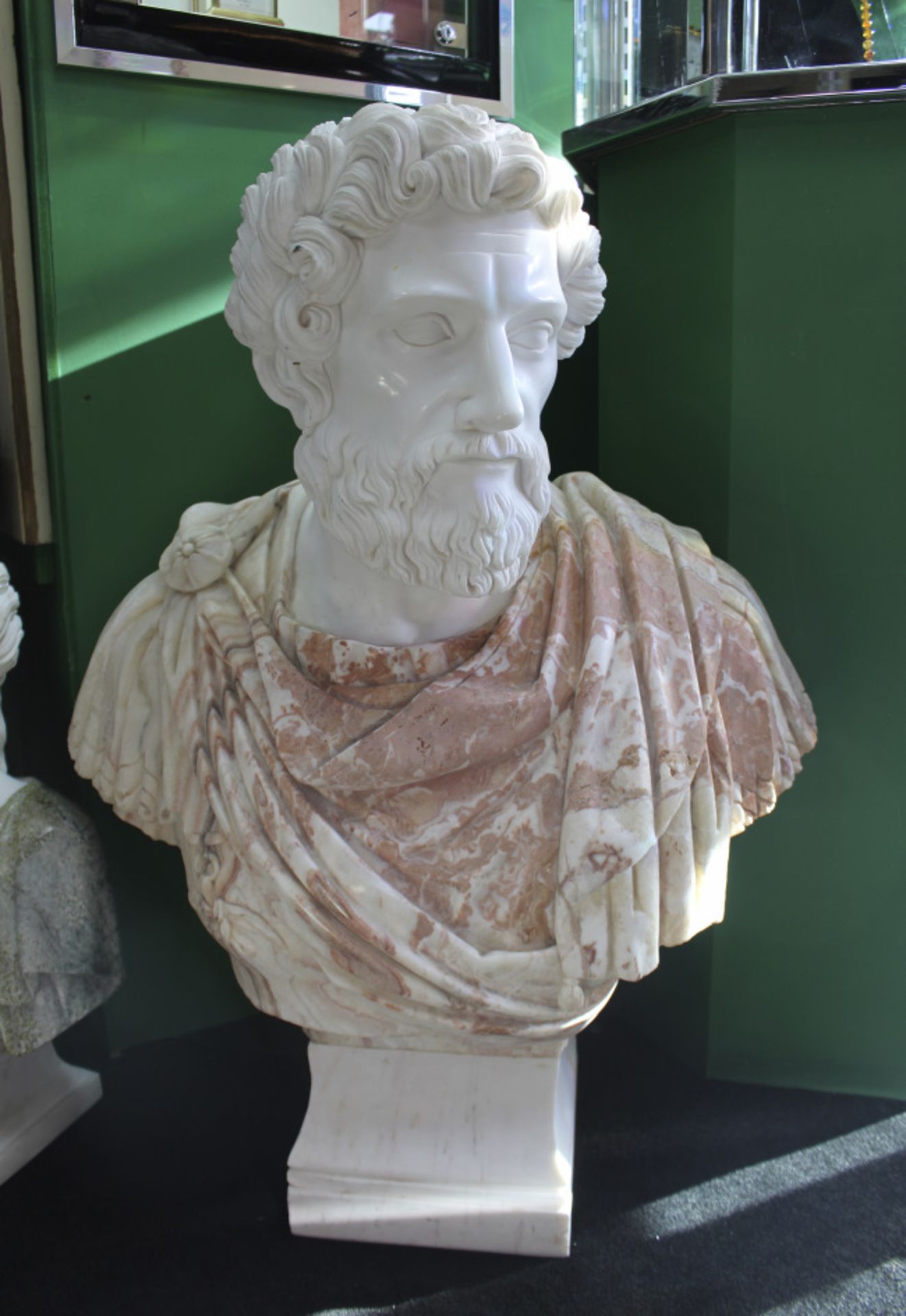 Carved White & Rouge Marble Bust of Marcus Aurelius