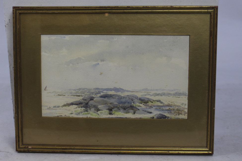 Edwardian Beach Waterclour Set in Gilt Frame