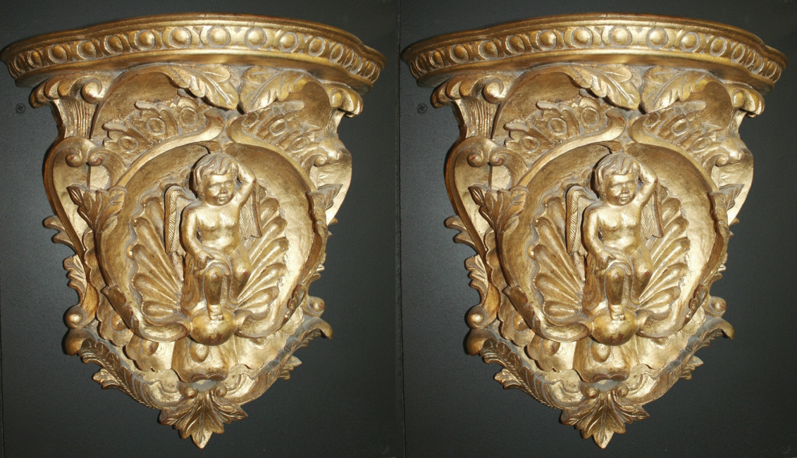 Pair of Gilded Hand Carved Cherubic Wall Brackets