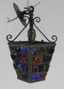 Small vintage Metal Multicoloured Stained Glass Lantern