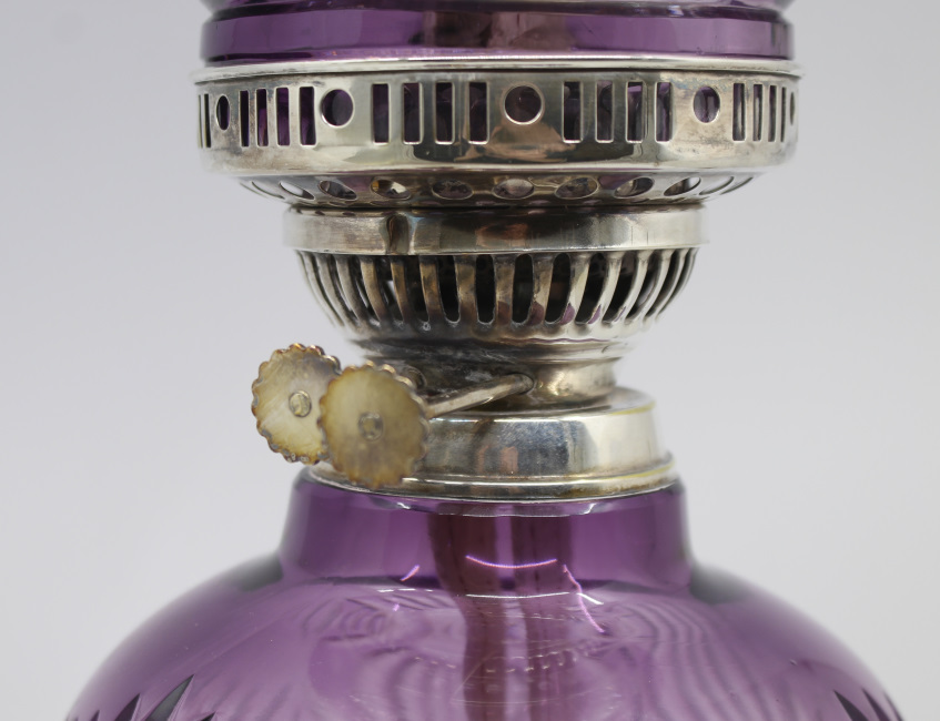 Very Fine English Cut Glass Amethyst Overlay Crystal Oil Lamp - Image 6 of 13