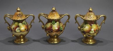 Set of 3 Hand Painted Coalport Fruit Lidded Vases