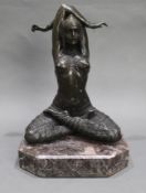 Bronze on Marble Base Seated Cross Legged Lady