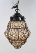Mid 20th c. Handblown Seguso Murano Amber Glass Caged Pendant Light