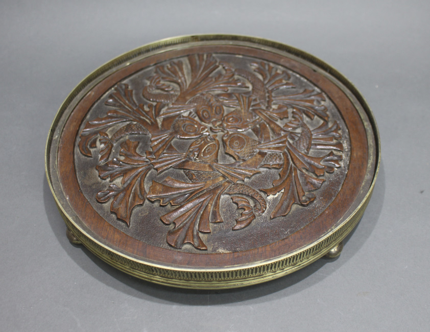 Vintage Circular Carved Wooden Silver Plated Tray - Image 2 of 3