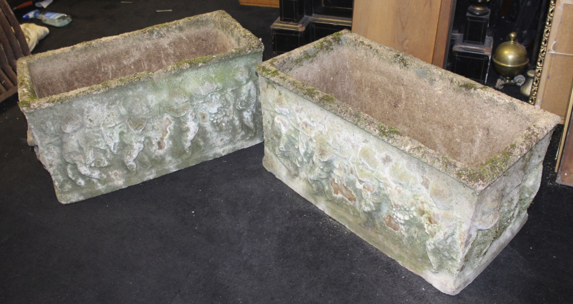 Pair of Old Reconstituted Cherubic Garden Planter Troughs