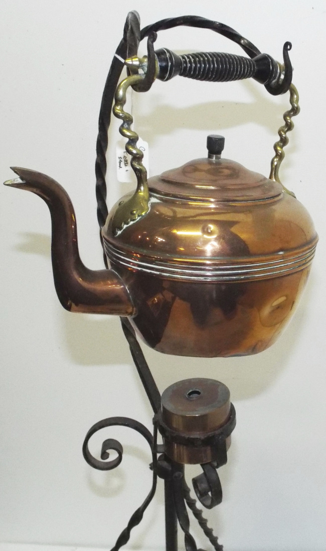 Antique Copper Spirit Kettle on Wrought Iron Stand - Image 4 of 5