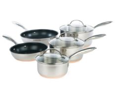 1x Stainless Steel Copper Base 5 Piece Cookware Set. 1x Large Saucepan, 1x Medium Saucepan, 1x Smal