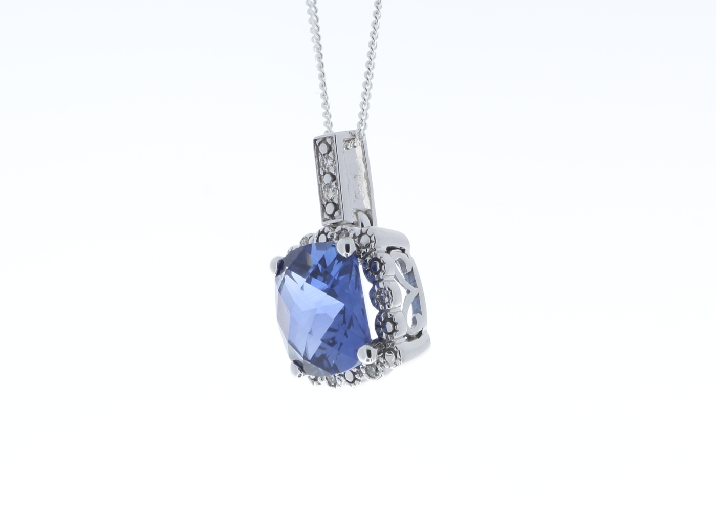 9ct White Gold Created Ceylon Sapphire Diamond Pendant - Image 4 of 5