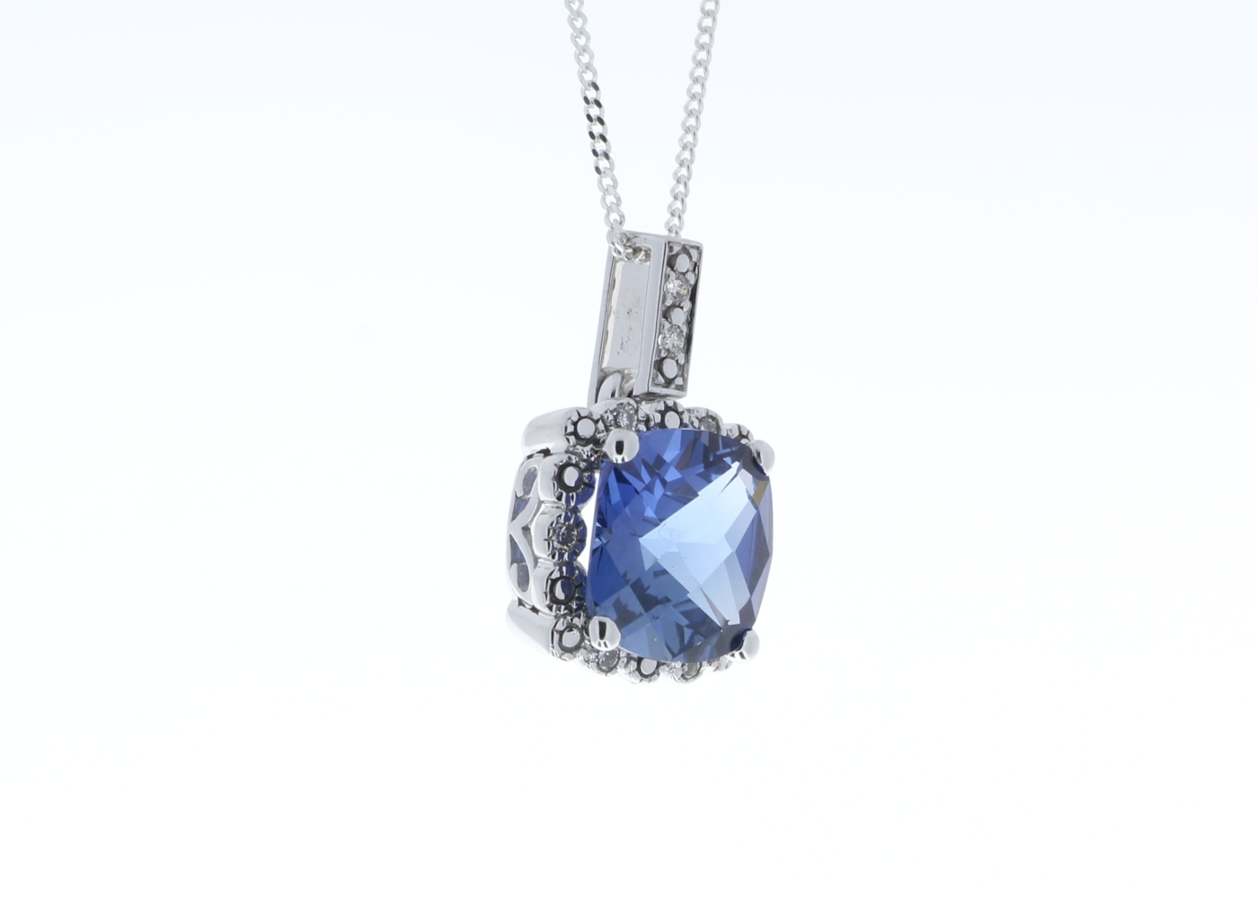 9ct White Gold Created Ceylon Sapphire Diamond Pendant - Image 2 of 5