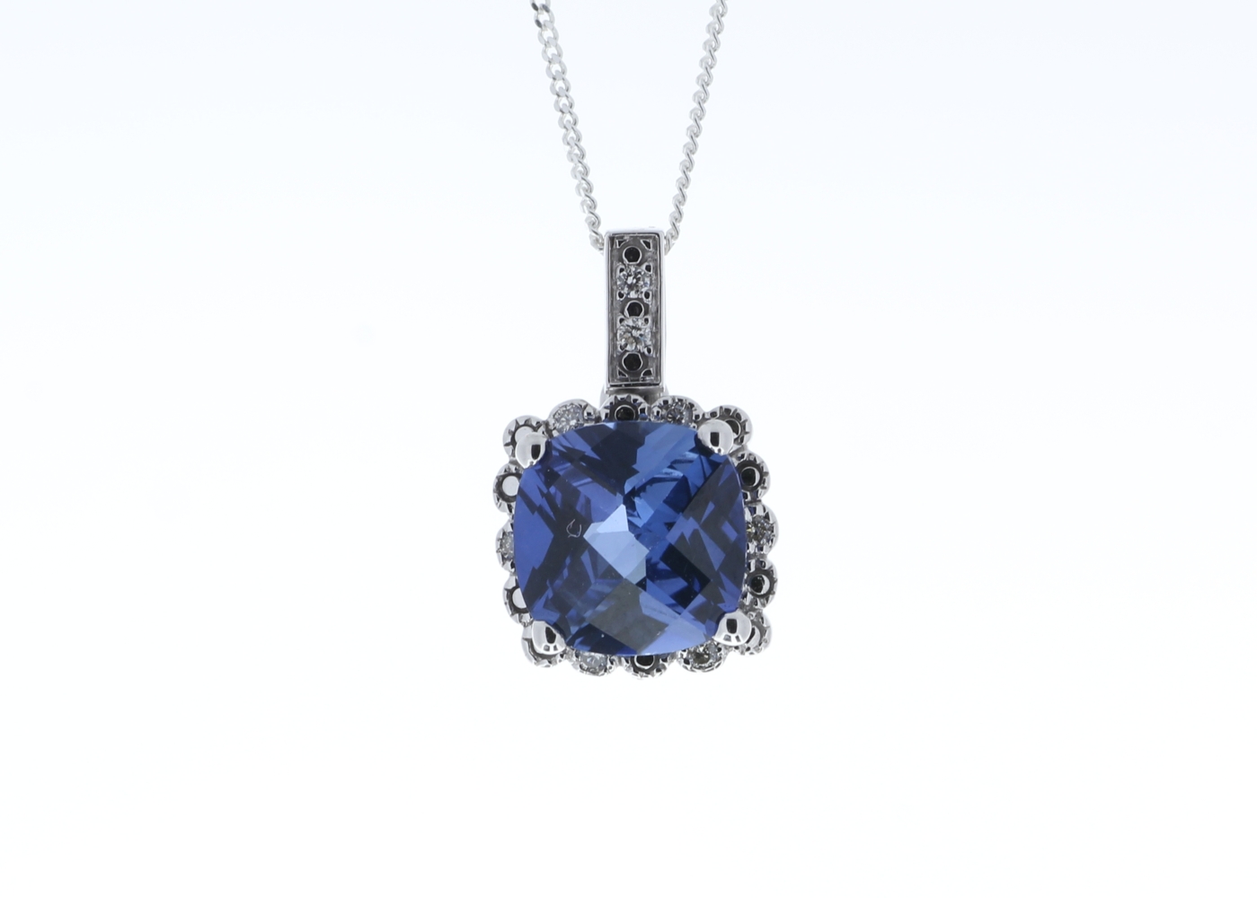 9ct White Gold Created Ceylon Sapphire Diamond Pendant