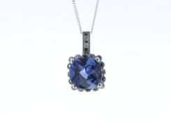 9ct White Gold Created Ceylon Sapphire Diamond Pendant