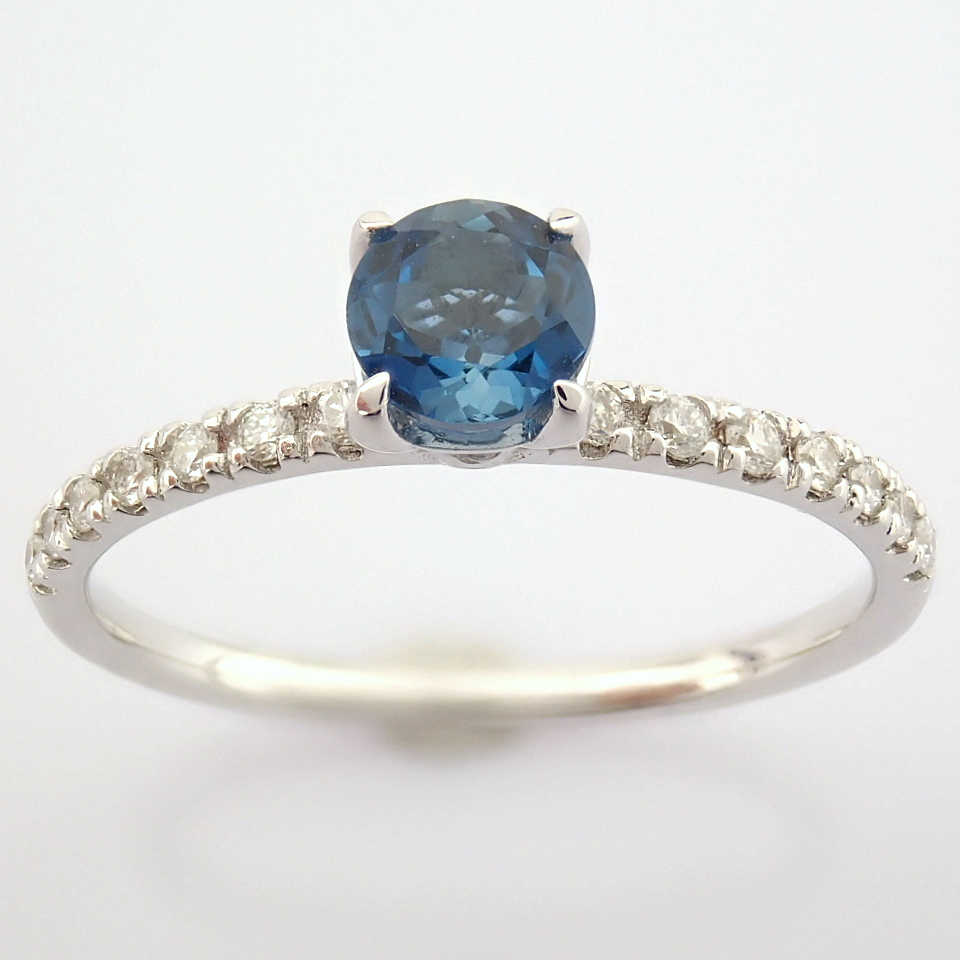 IDL Certificated 14K White Gold Diamond & London Blue Topaz Ring (Total 0.59 ct Stone) - Image 11 of 11