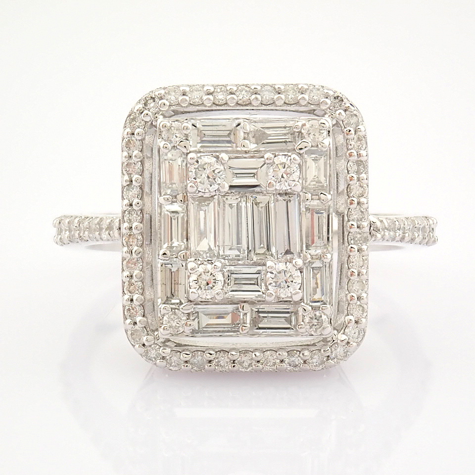 IDL Certificated 14K White Gold Baguette Diamond & Diamond Ring (Total 0.89 ct Stone)