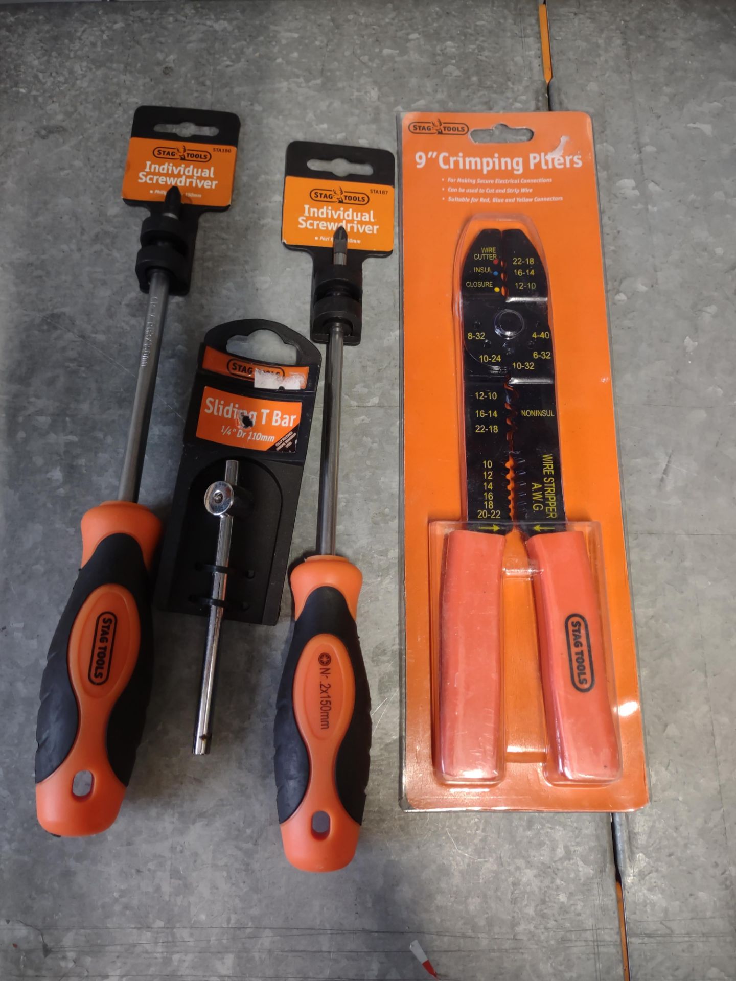 Stag Tools 9"crimping pliers, x 2screwdrivers sliding T bar RRP £30. Grade A.