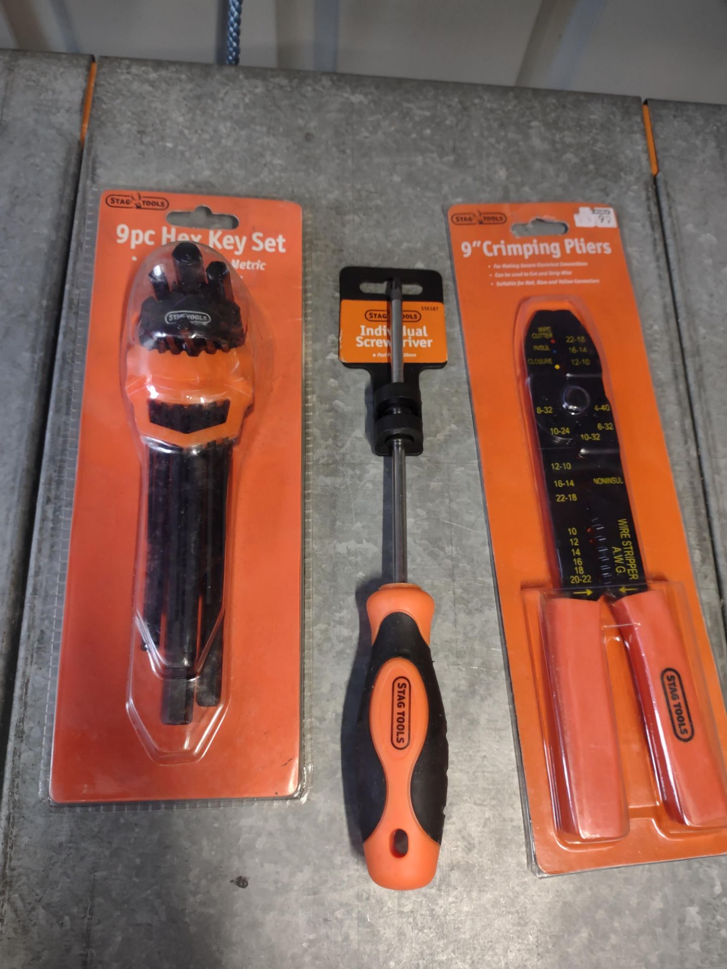 Stag Tools 9"crimping pliers, screwdriver, 9 piece hex key set. RRP £30. Grade A.