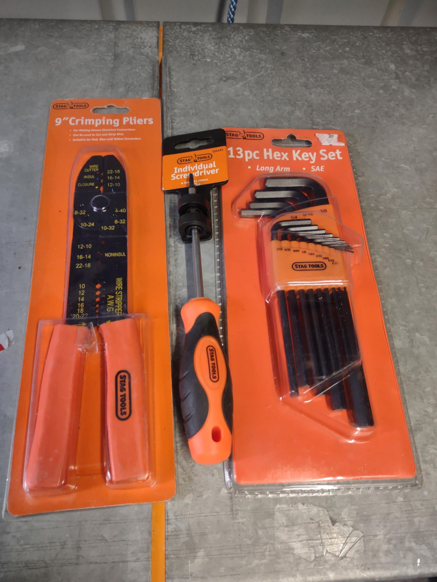 Stag Tools 9"crimping pliers, screwdriver, 13 piece hex key set. RRP £30. Grade A.