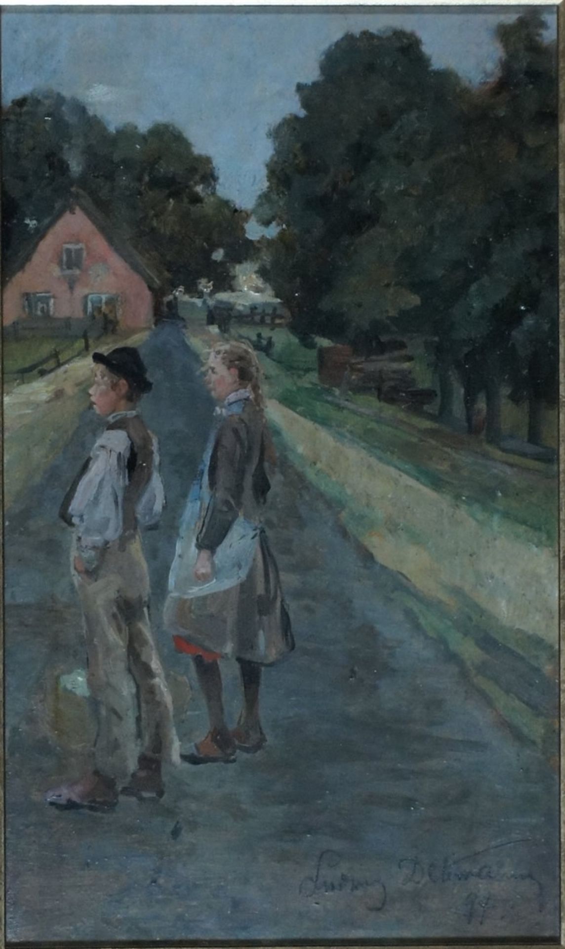 Dettmann, Ludwig, Kinder auf der Dorfstraße, 1894, Öl, 28 x 17, sign.