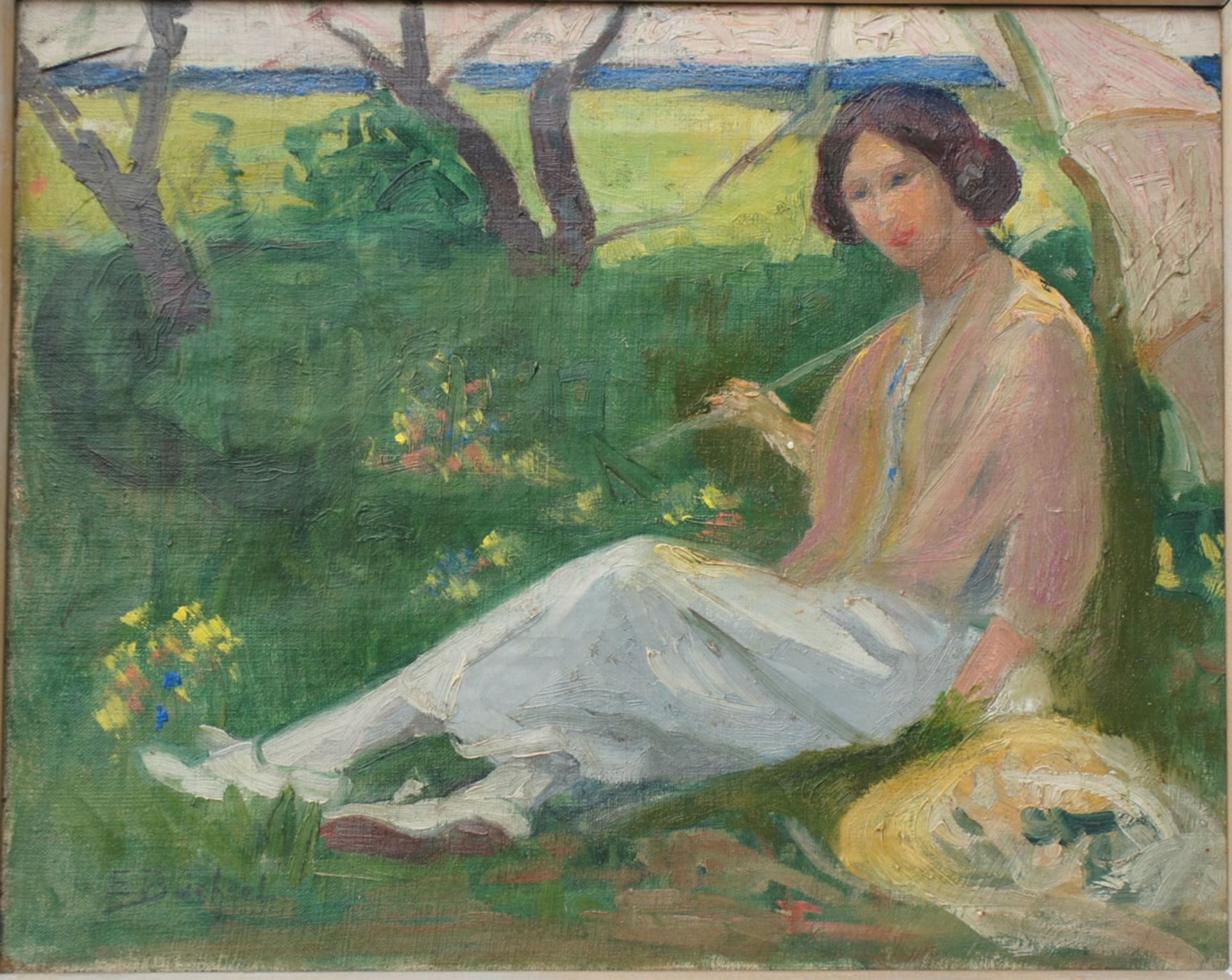 Büchsel, Elisabeth, Frau in der Wiese sitzend, Öl, 33 x 40, sign.