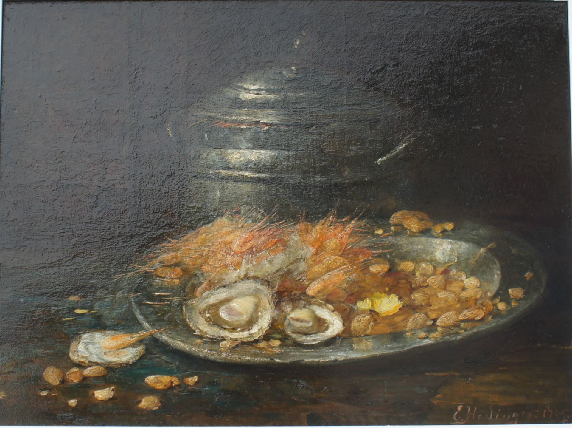 Else Hedinger, Stillleben mit Meeresfrüchten, signiert, Öl, 58 x 79