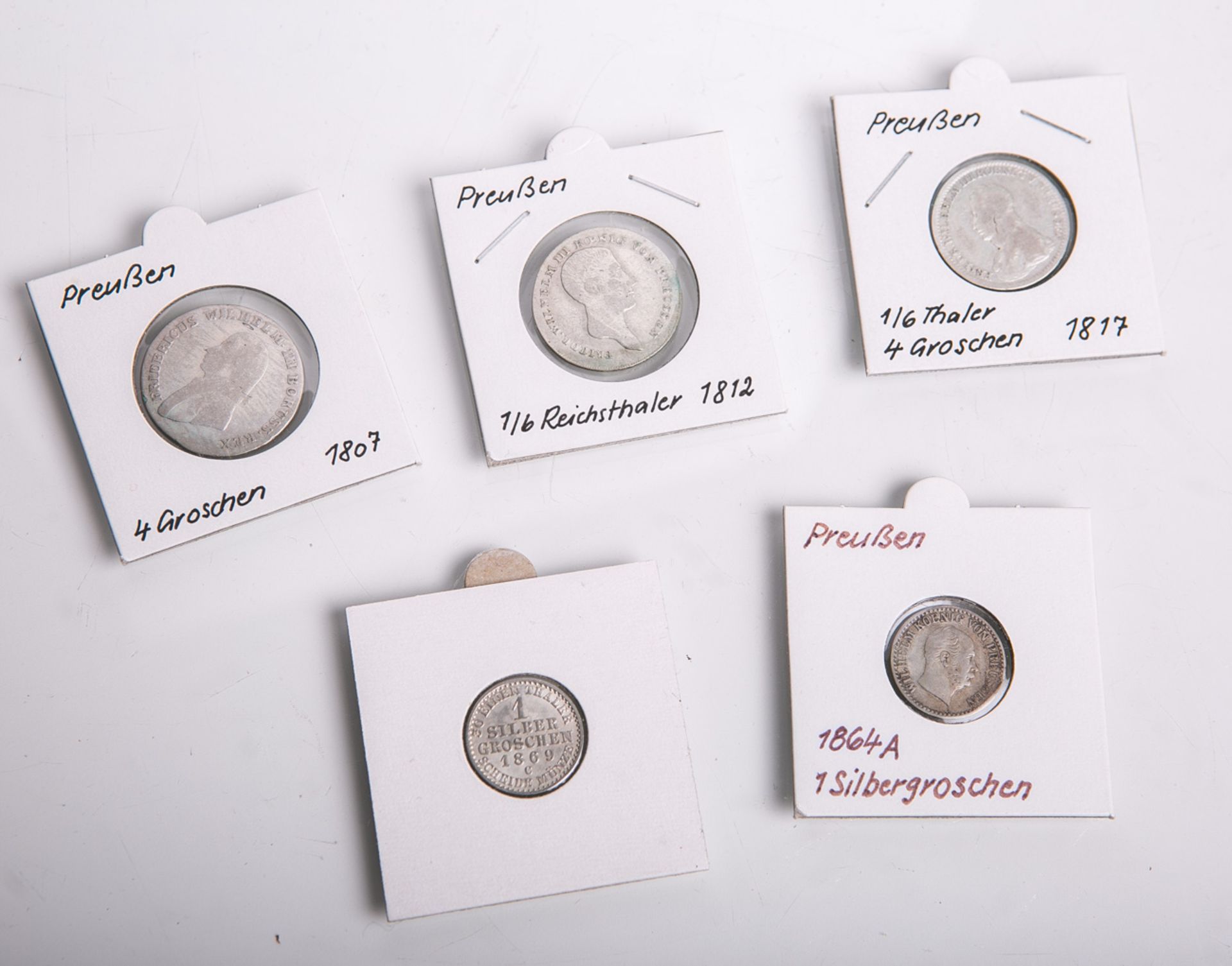 Konvolut von 5 Kleinmünzen (Preussen), bestehend aus: 1x 1 Silbergroschen (1864, A, ss.), 1x 1