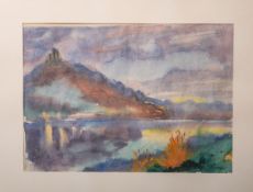 Unbekannter Künstler (wohl 20. Jh.), Darstellung einer Landschaft m. Burg am Gewässer, Aquarell/