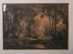 Schilz, Jules Nicolas (1817 - 1871), Waldlandschaft, Kohlenstiftzeichnung, in grauen u. schwarzen