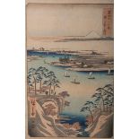 Hiroshige wohl (wohl 1858), Teil v. 36 Ansichten des Fuji, japanischer Farbholzschnitt, mehrfach