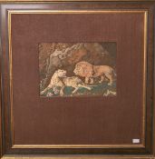 Elisabeth Warwick, Darstellung eines Löwenpaares, fein gesticktes Bild, nach einem Gemälde von