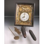 Bäuerliche Biedermeier-Rahmenuhr bzw. Wanduhr, geprägtes u. farbig bemaltes Messingblatt,