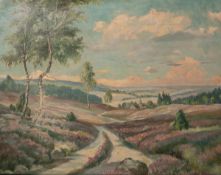 Unbekannter Künstler (wohl 20. Jh.), Heidelandschaft, Öl/Lw., auf Malkarton aufgezogen, ca. 65,5 x