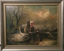 Hofmann, Karl (20. Jh.), abendliche Ansicht im Winter, Klosteranlage m. Brücke, Öl/Holzplatte,