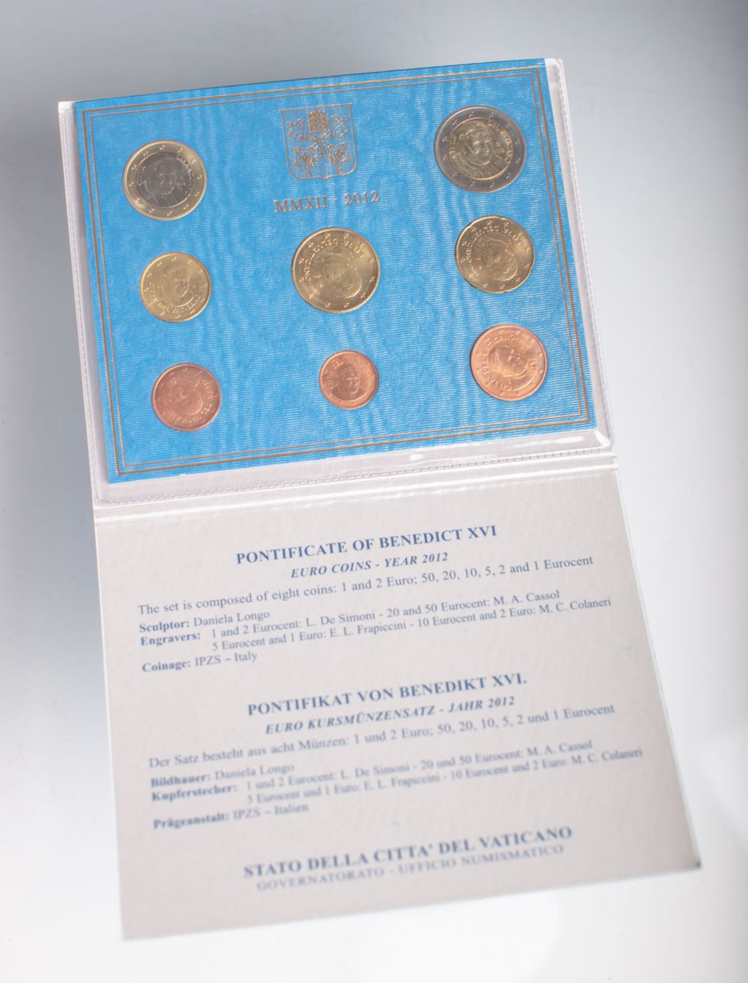 Euro-Kurmünzsatz "Benedikt XVI." (2012, IPZS Italien), 8 Münzen, bestehend aus: 1 u. 2 Euro, 50, 20,
