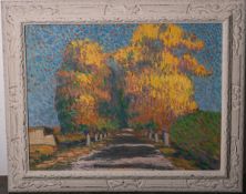 Favier, Pierre (1899 - 1969), sommerliche Allee im pointillistischem Malstil, Öl/Karton, re. un.