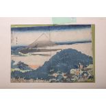 Hokusai (aus 36 Ansichten des Fuji), japanischer Farbholzschnitt (wohl 19./20. Jh.), li. oben im