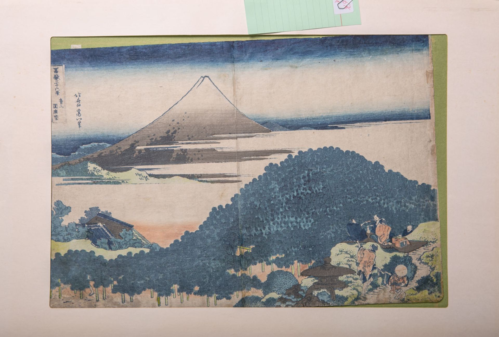 Hokusai (aus 36 Ansichten des Fuji), japanischer Farbholzschnitt (wohl 19./20. Jh.), li. oben im