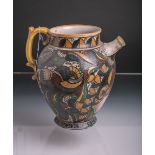 Keramikkaraffe (Alter und Herkunft unbekannt), polychrom bemalt, H. ca. 22 cm. Brandflecken,