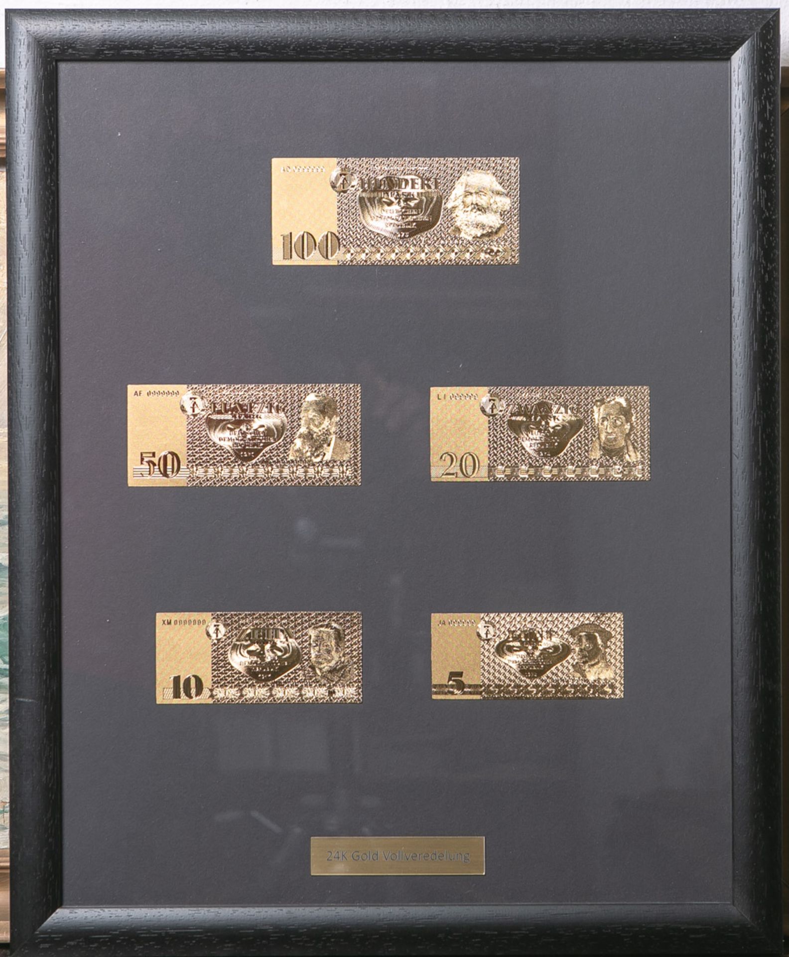 DDR-Geldscheine/Banknoten (5 Stück), in 24 K Gold-Vollveredelung, 5 Mark-100 Mark, ca. 55 x 45 cm,