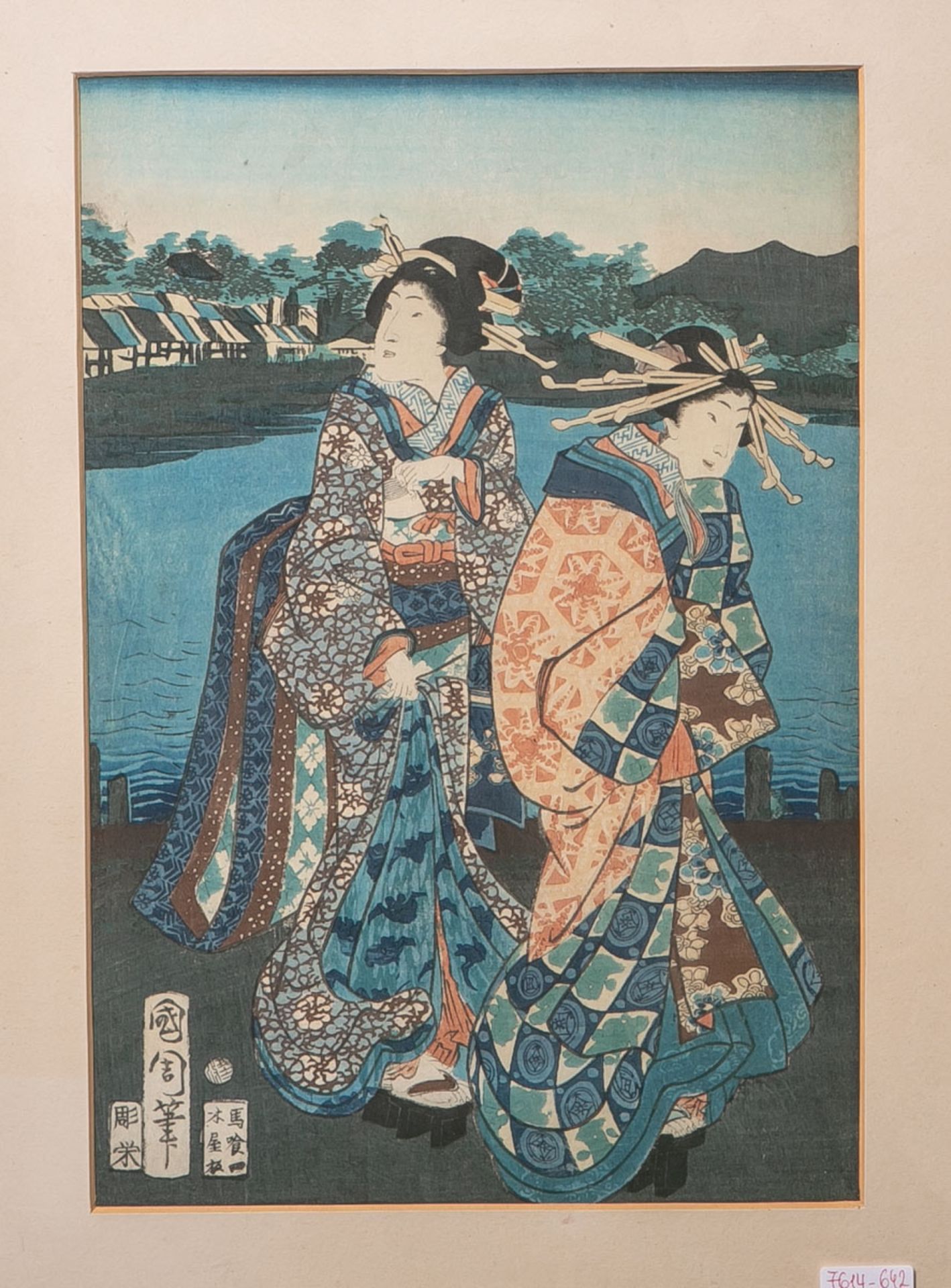 Unbekannter Künstler (Japan, Alter unbekannt), 2 Geishas, Farbholzschnitt, mehrfach bez./sign.,