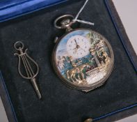 Taschenuhr "Reuge" 925 Silber, das Zifferblatt zeigt die beweglichen Figuren eines Reiters m.