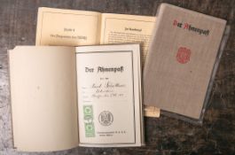 3 Ahnenpässe (2. WK), Drittes Reich, Verlag Franz Eher München, je ausgefüllt, je ca. 20,5 x 13,5