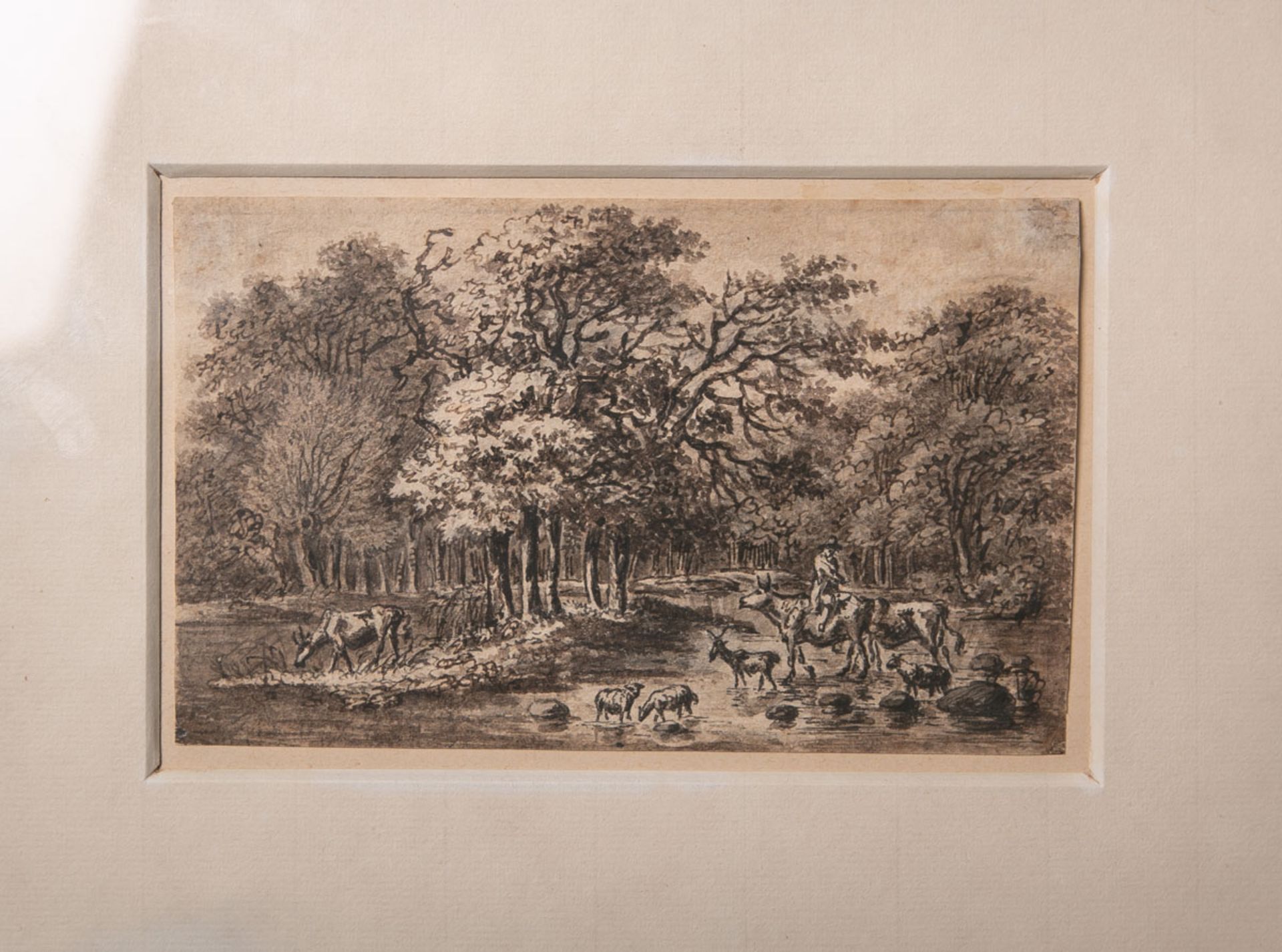 Burnitz, Peter (1824 - 1886), Landschaftsdarstellung m. Bäumen am Fluss, Blei-/Buntstiftzeichnung,