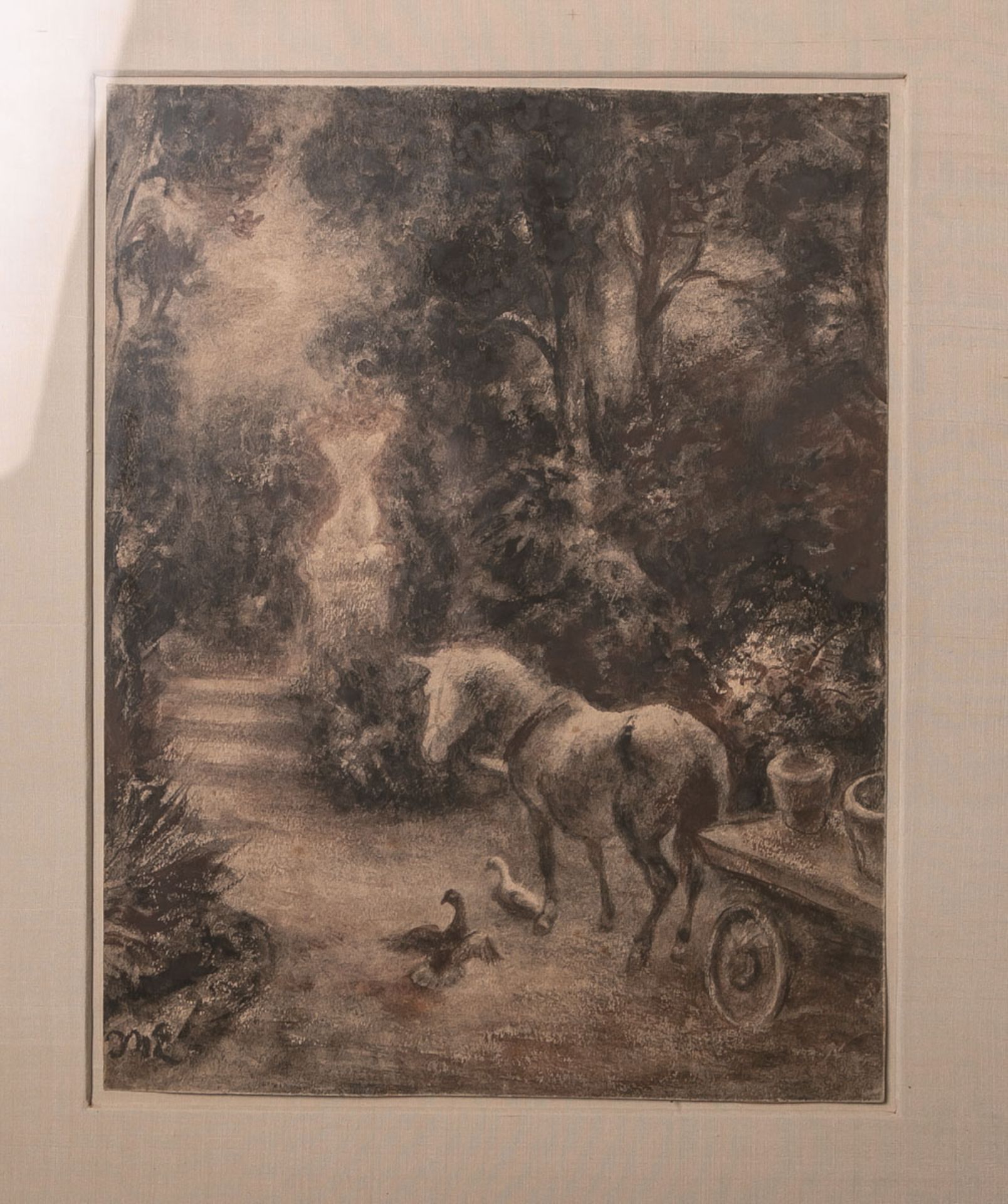 Unbekannter Künstler (wohl 20. Jh.), Landschaftsdarstellung m. einem Pferd u. zwei Gänsen,